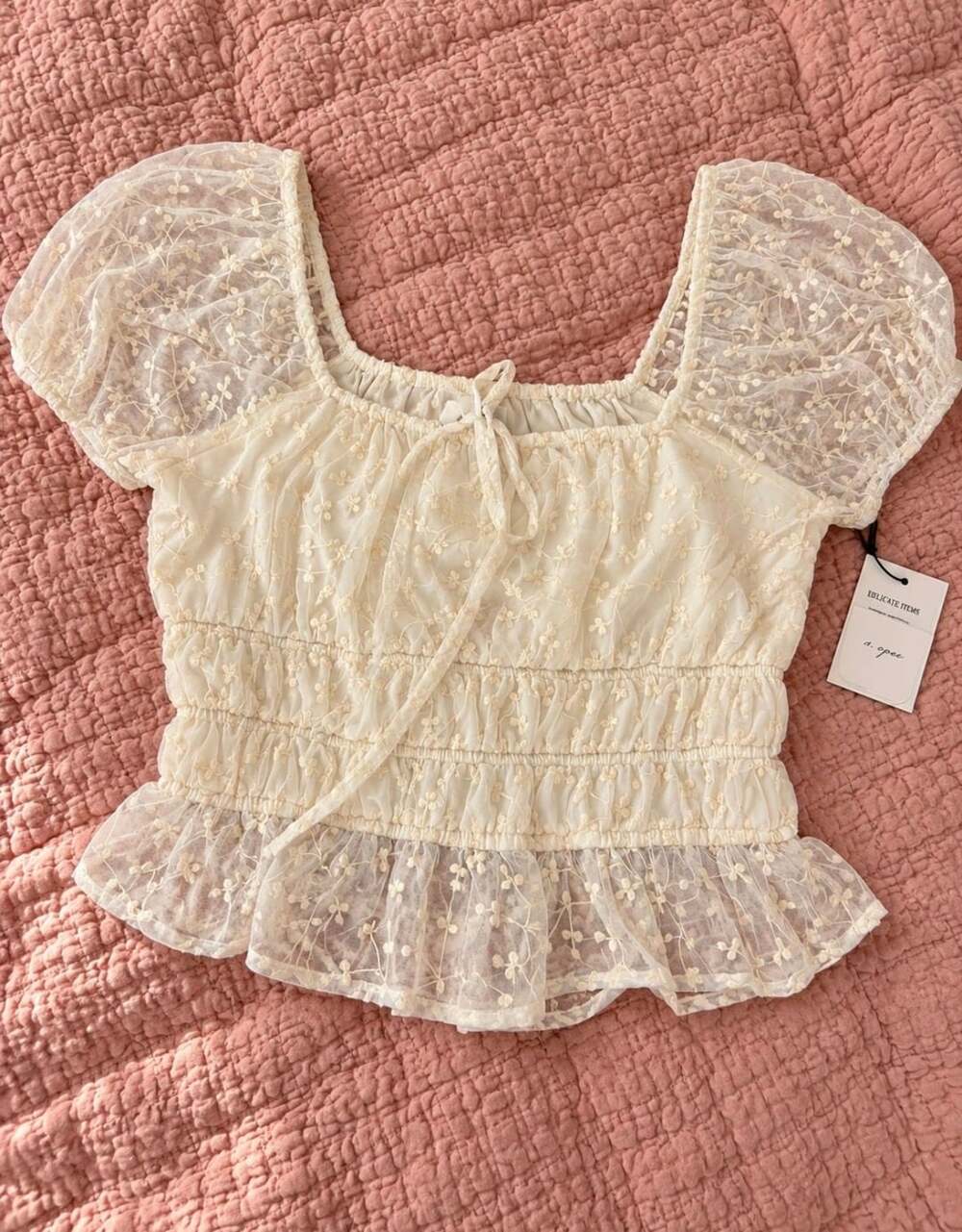Japna Floral Mesh Blouse Size XL Ivory Square Neck Peplum Top